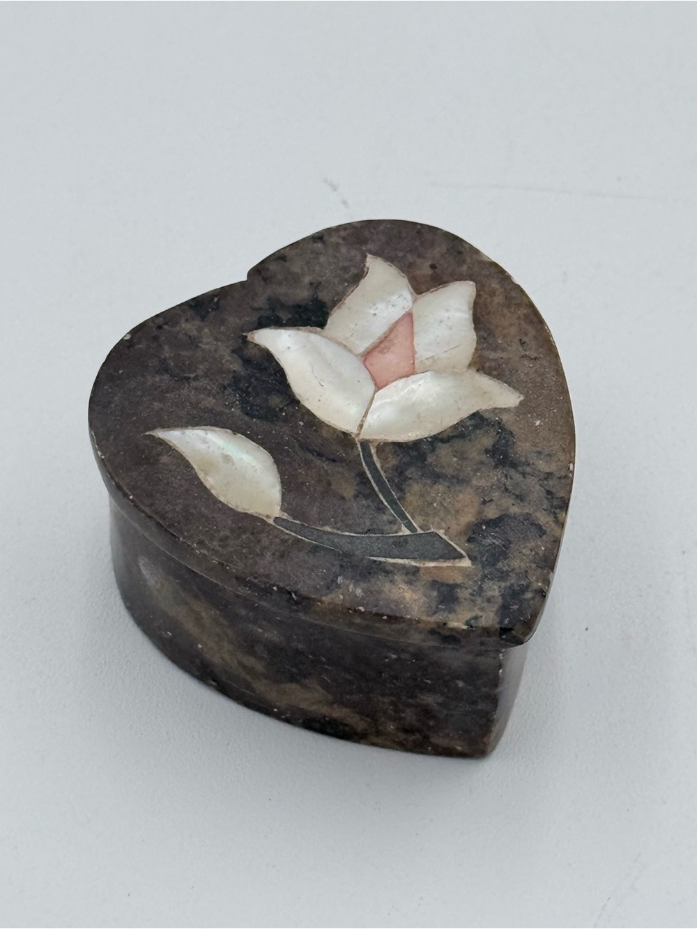 Vintage Soapstone Marble Floral Trinket Box with Mother of Pearl Inlay